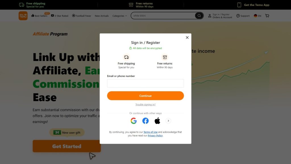 TemuAffiliate Program Signin with socials