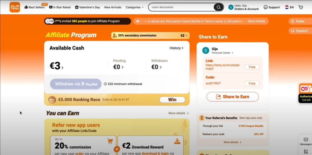 Temu Affiliate Dashboard