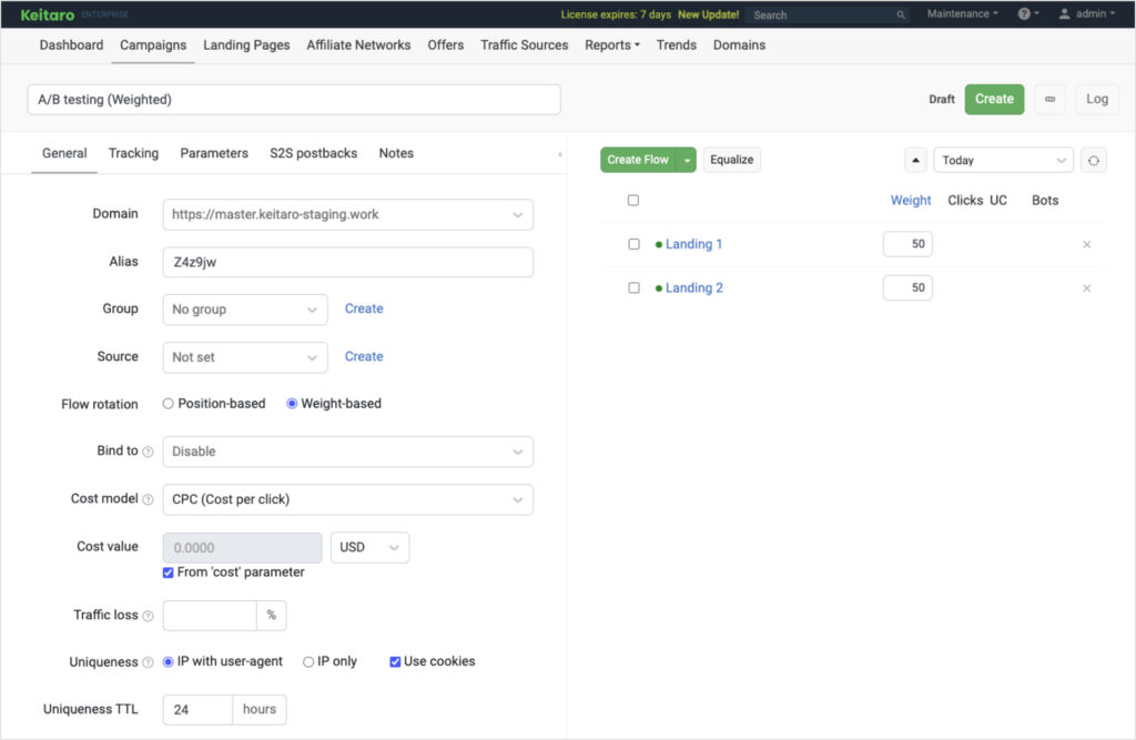 Flow A/B Testing in Keitaro Tracker